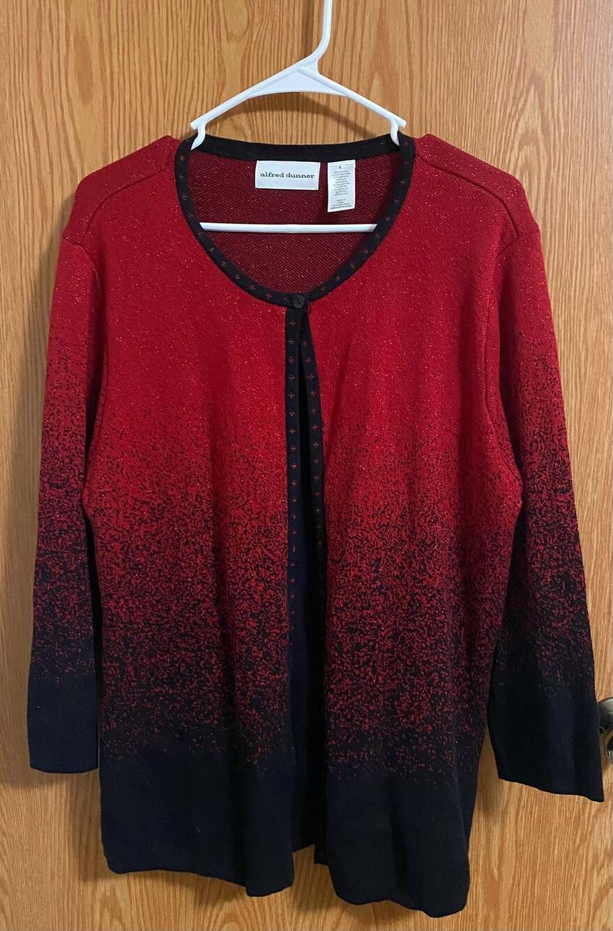 Alfred Dunner Women's Large Red Black Metallic Ombre Open Front Cardigan Sweater